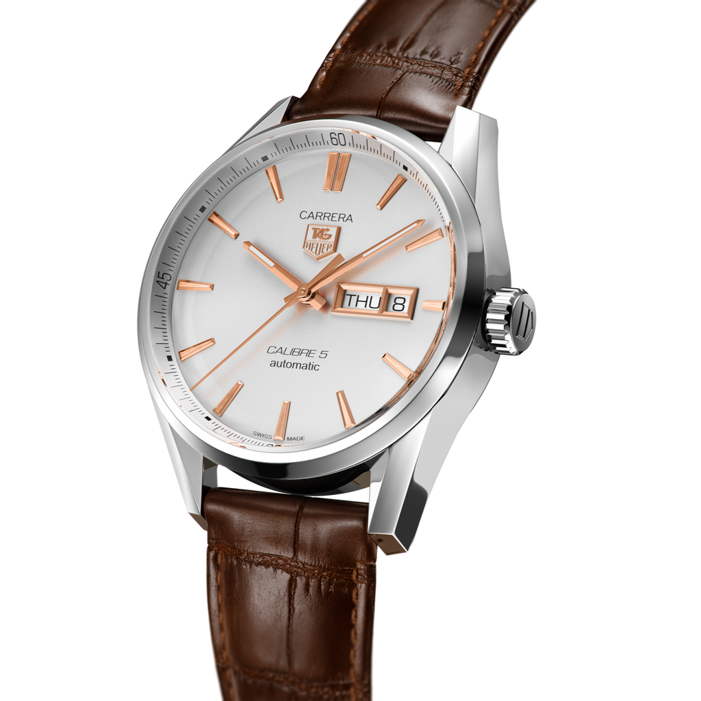 Tag Heuer Carrera Calibre 5 Automatic White Dial Brown Leather Strap Watch for Men - WAR201D.FC6291