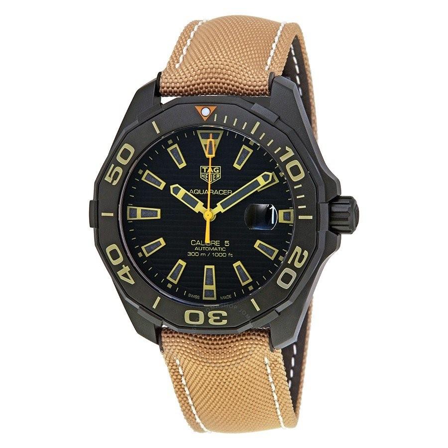 Tag Heuer Aquaracer 300 Calibre 5 Automatic Black Dial Brown Nylon Strap Watch for Men - WAY208C.FC6383