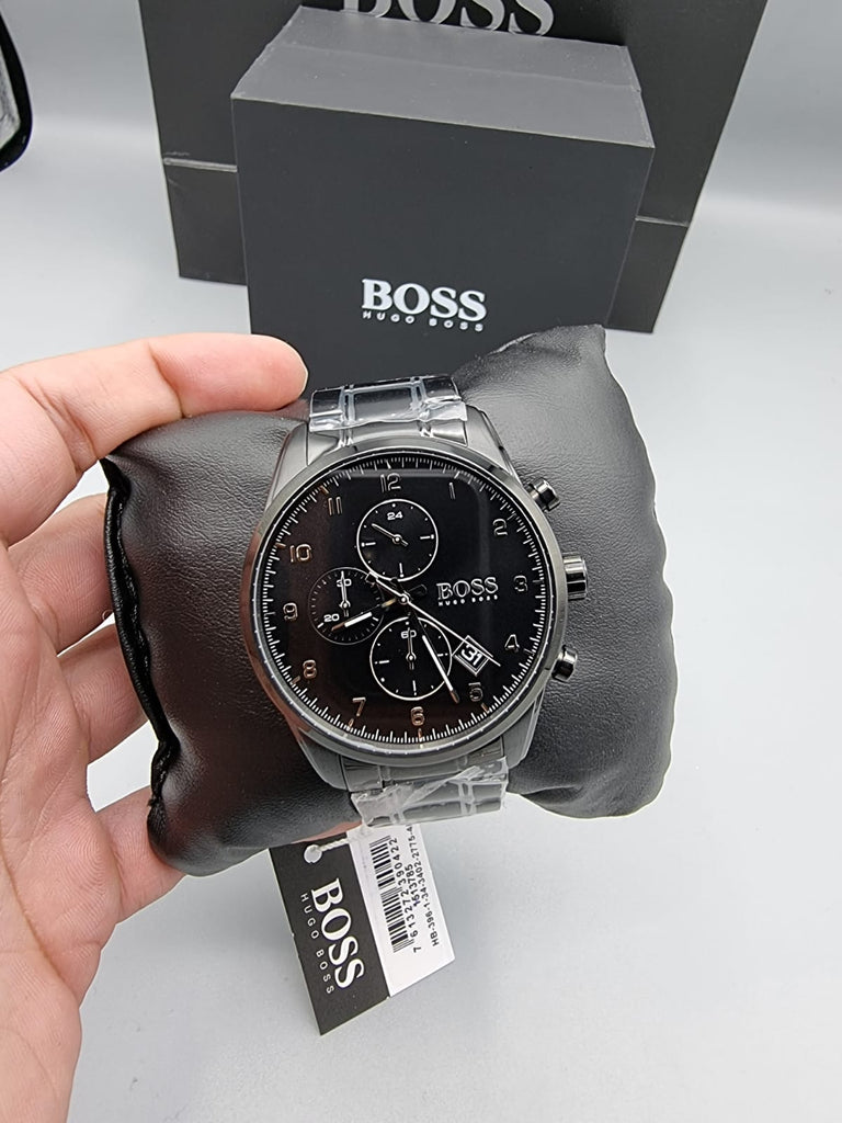 Hugo Boss Skymaster Chronograph Black Dial Black Steel Strap Watch for Men - 1513785