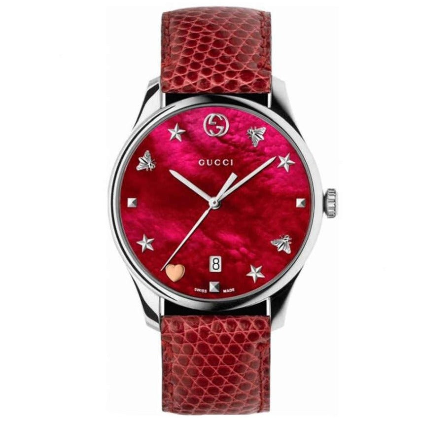 Gucci G-Timeless Mother of Pearl Red Dial Red Leather Strap Watch For Women - YA1264041