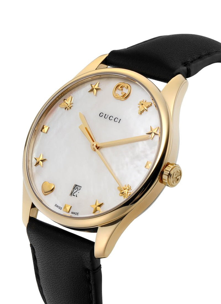 Gucci G-Timeless Mother of Pearl Dial Black Leather Strap Watch For Women - YA1264044