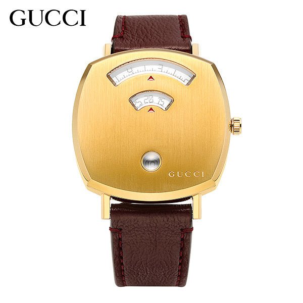 Gucci Grip Quartz Yellow Gold Dial Maroon Leather Strap Watch For Women - YA157405