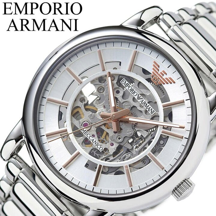 Emporio Armani Meccanico Skeleton Silver Dial Silver Steel Strap Watch For Men - AR1980
