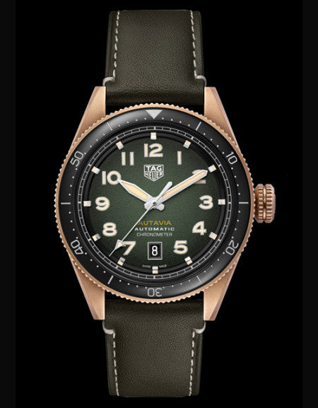 Tag Heuer Autavia Calibre 5 Automatic Olive Green Dial Green Leather Strap Watch for Men - WBE5190.FC8268