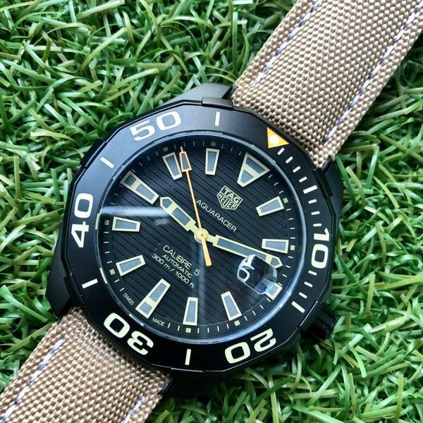 Tag Heuer Aquaracer 300 Calibre 5 Automatic Black Dial Brown Nylon Strap Watch for Men - WAY208C.FC6383