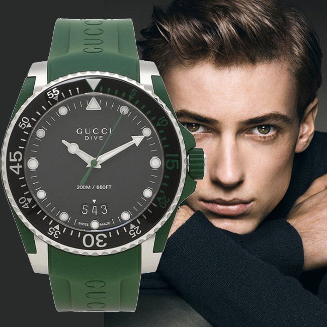 Gucci Dive Black Dial Green Rubber Strap Watch For Men - YA136310