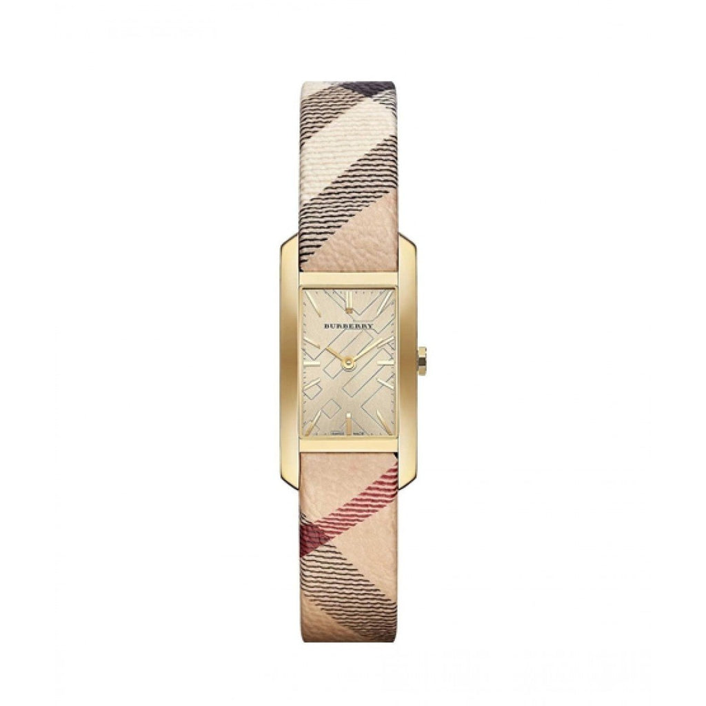 Burberry Pioneer Gold Dial Haymarket Beige Leather Strap Watch for Women - BU9509