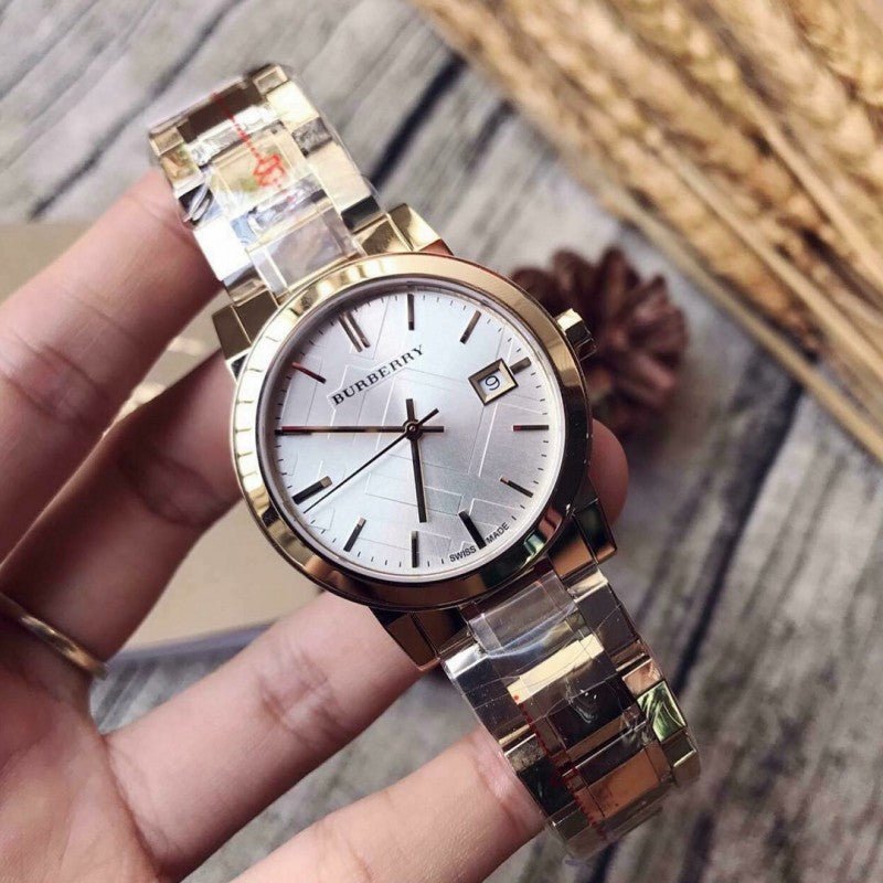 Burberry The City White Dial Gold Steel Strap Watch for Women - BU9103