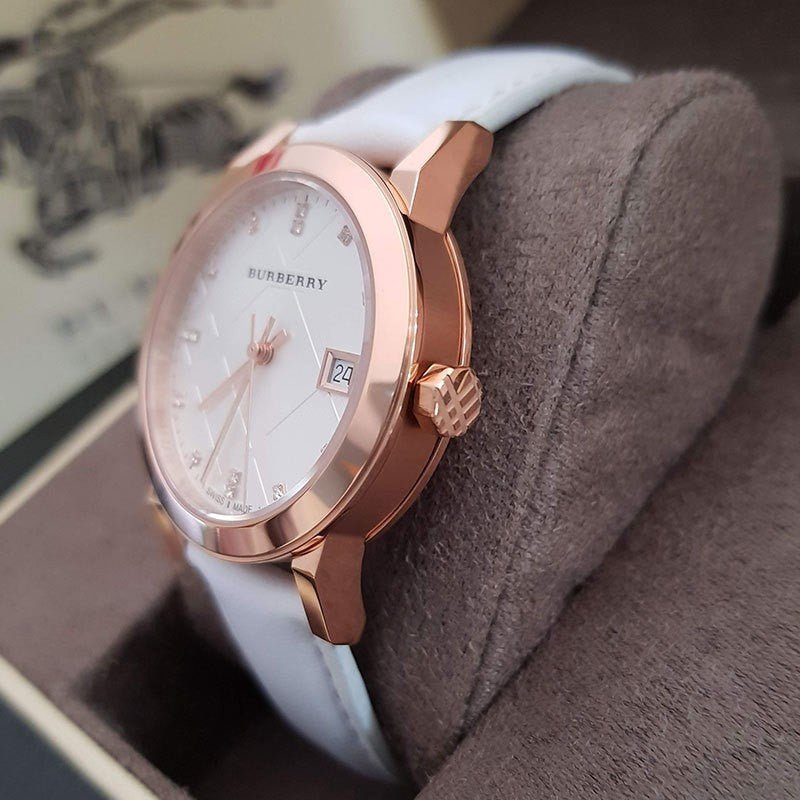 Burberry The City Diamonds White Dial White Leather Strap Watch for Women - BU9130