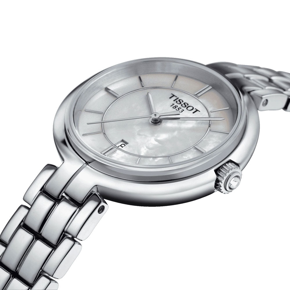 Tissot T Lady Flamingo Mother of Pearl White Dial Silver Steel Strap Watch For Women - T094.210.11.111.00