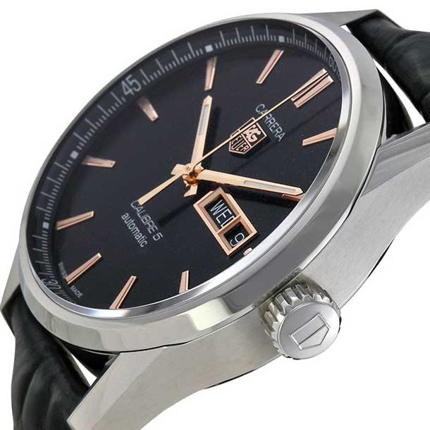 Tag Heuer Carrera Calibre 5 Automatic Black Dial Black Leather Strap Watch for Men - WAR201C.FC6266
