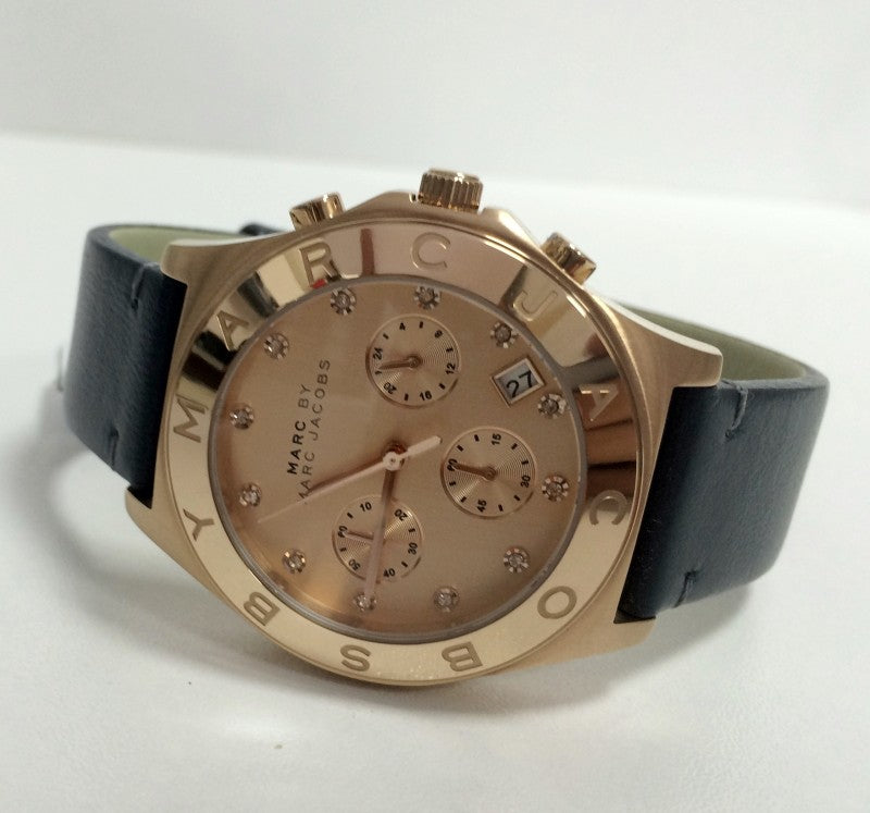 Marc Jacobs Blade Chronograph Rose Gold Dial Black Leather Strap Watch for Women - MBM1188