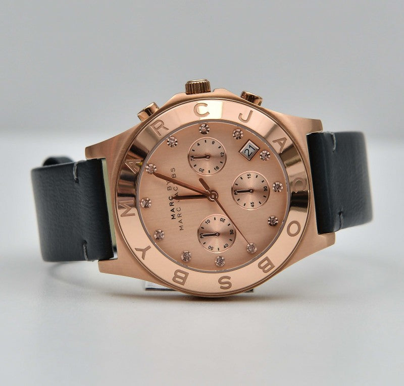 Marc Jacobs Blade Chronograph Rose Gold Dial Black Leather Strap Watch for Women - MBM1188