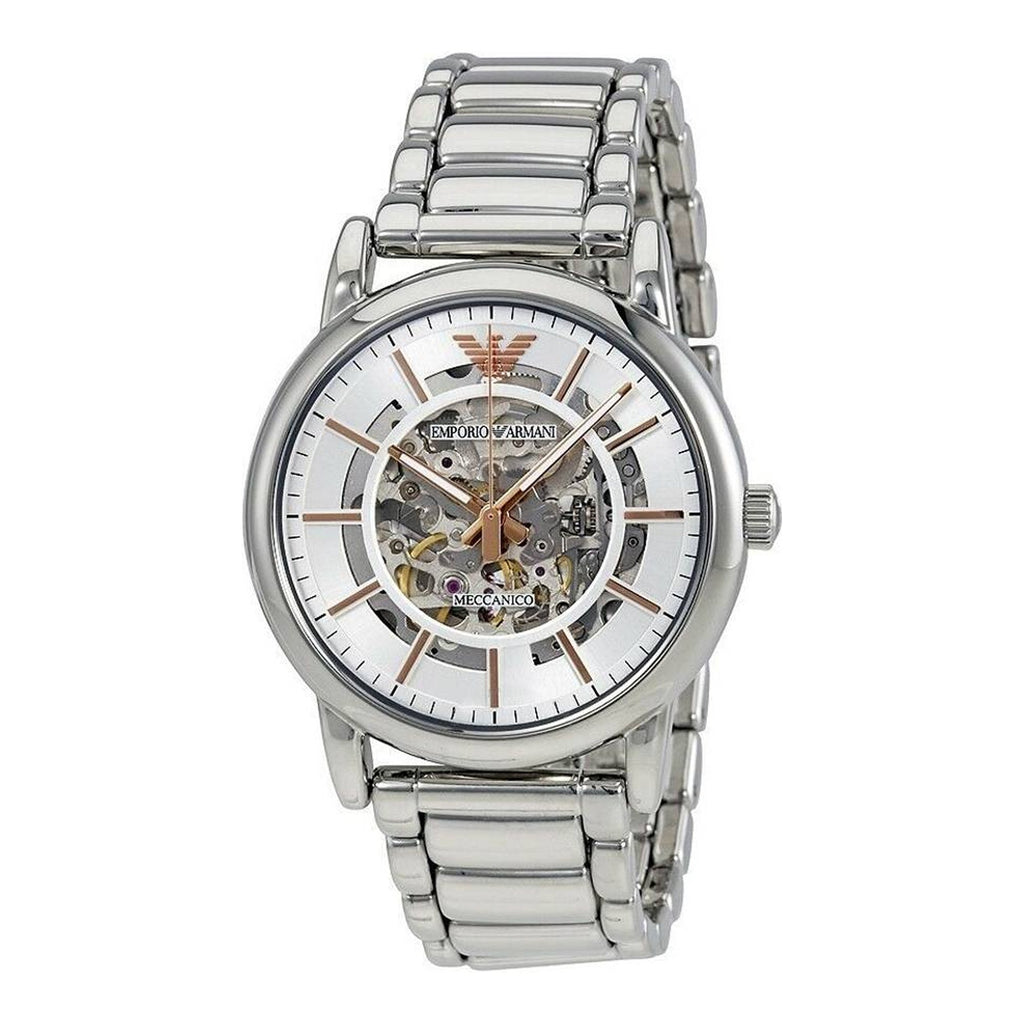 Emporio Armani Meccanico Skeleton Silver Dial Silver Steel Strap Watch For Men - AR1980