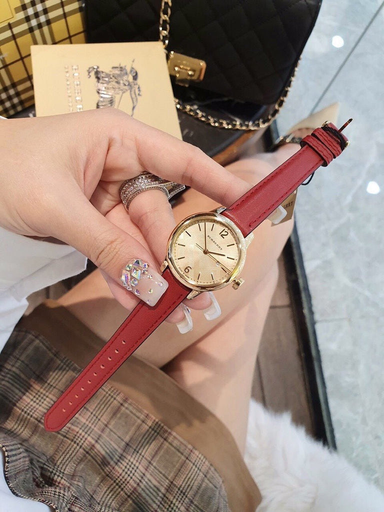 Burberry The Classic Gold Dial Red Leather Strap Watch for Women - BU10102