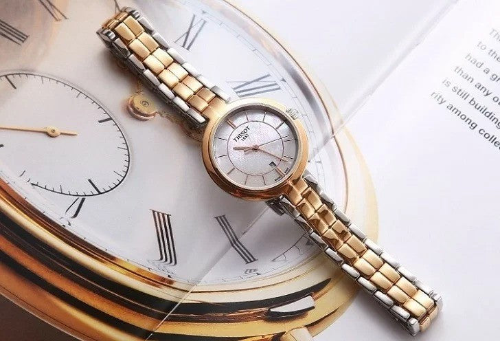 Tissot Flamingo Mother of Pearl White Dial Two Tone Steel Strap Watch For Women - T094.210.22.111.01