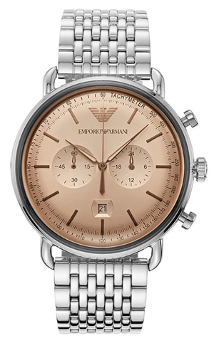 Emporio Armani Aviator Chronograph Beige Dial Silver Steel Strap Watch For Men - AR11239