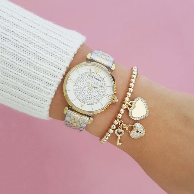 Emporio Armani Gianni T Bar White Dial Two Tone Steel Strap Watch For Women - AR8031