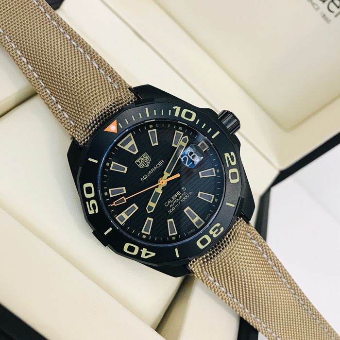 Tag Heuer Aquaracer 300 Calibre 5 Automatic Black Dial Brown Nylon Strap Watch for Men - WAY208C.FC6383