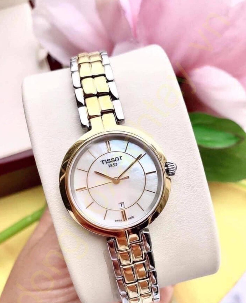 Tissot Flamingo Mother of Pearl White Dial Two Tone Steel Strap Watch For Women - T094.210.22.111.01