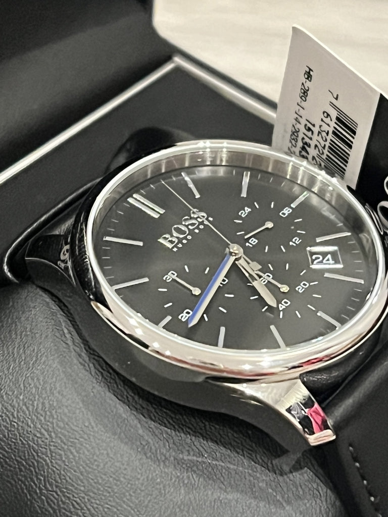 Hugo Boss Time One Chronograph Black Dial Black Leather Strap Watch for Men - 1513430