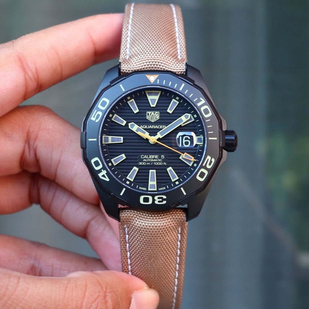 Tag Heuer Aquaracer 300 Calibre 5 Automatic Black Dial Brown Nylon Strap Watch for Men - WAY208C.FC6383