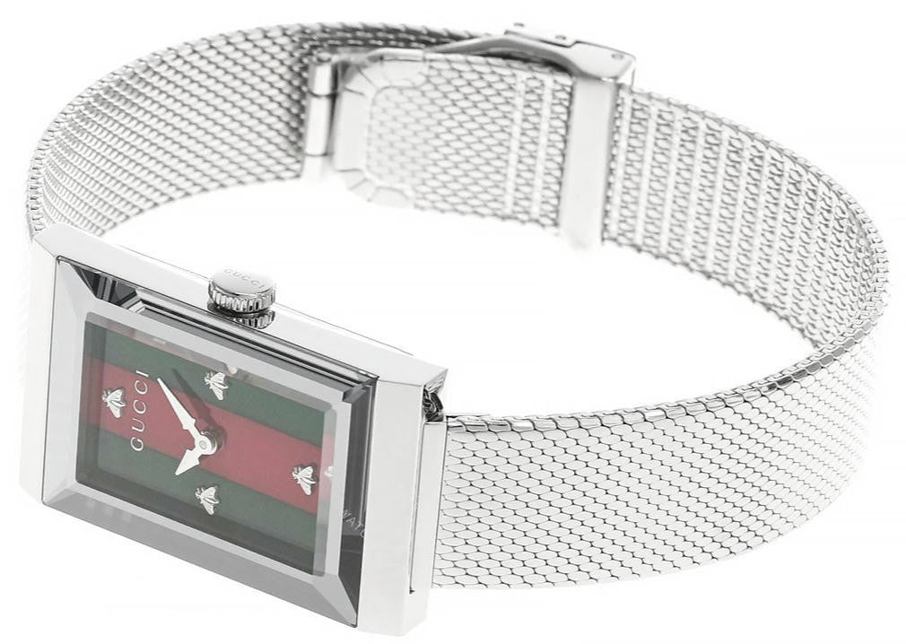 Gucci G Frame Red and Green Dial Silver Mesh Bracelet Watch For Women - YA147401