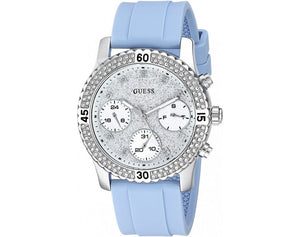 Guess Confetti Crystal Silver Dial Blue Rubber Strap Watch For Women - W1098L3