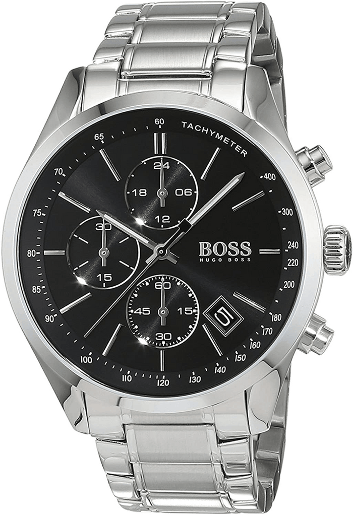 Hugo Boss Grand Prix Black Dial Silver Steel Strap Watch for Men - 1513477