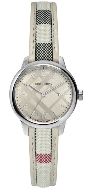 Burberry The Classic Guilloche Silver Dial Grey Leather Strap Watch for Women - BU10113