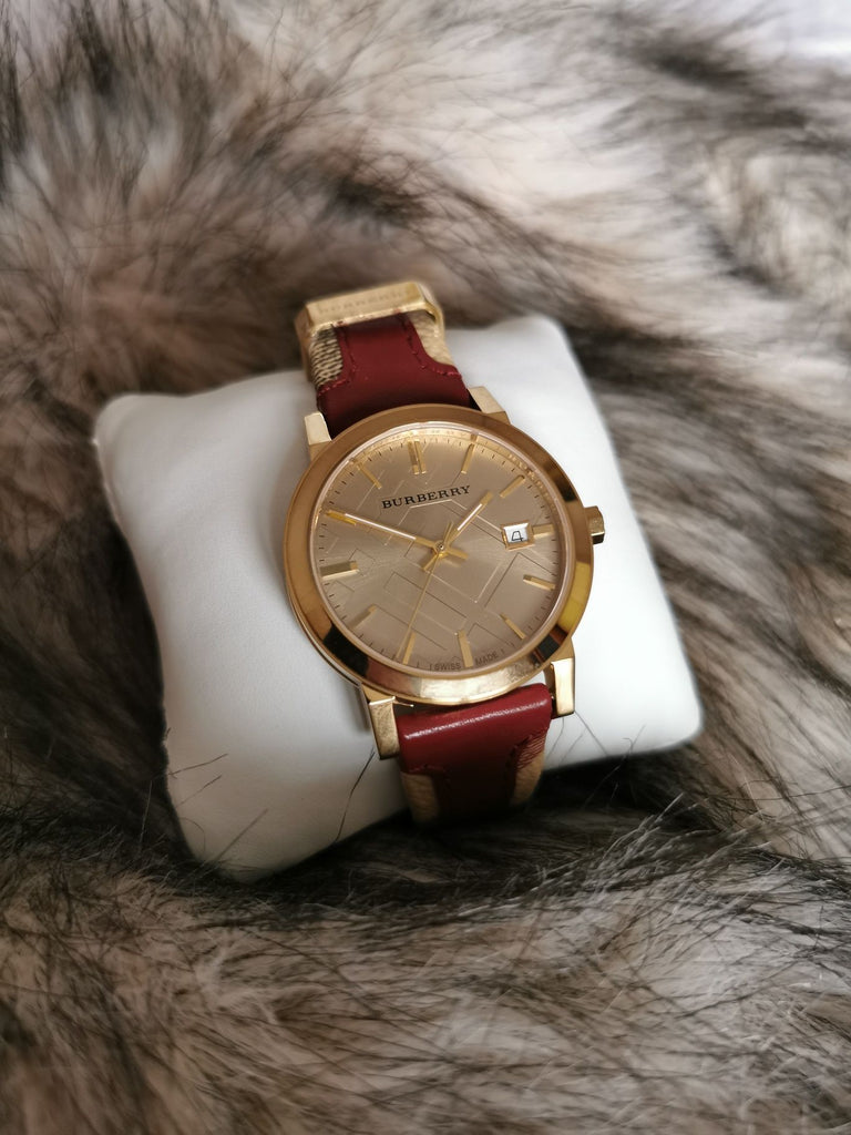 Burberry The City Gold Dial Orange Leather Strap Watch for Women - BU9017