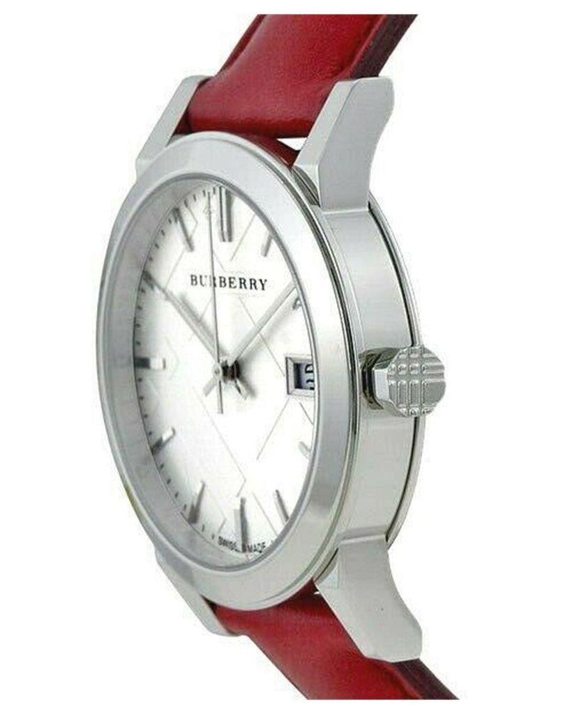 Burberry The City Silver Dial Red Leather Strap Watch for Women - BU9129