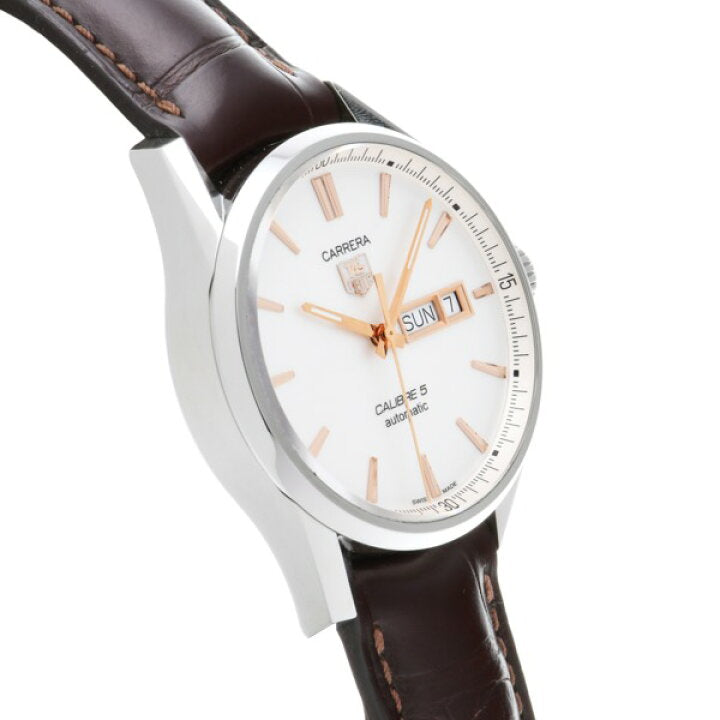Tag Heuer Carrera Calibre 5 Automatic White Dial Brown Leather Strap Watch for Men - WAR201D.FC6291