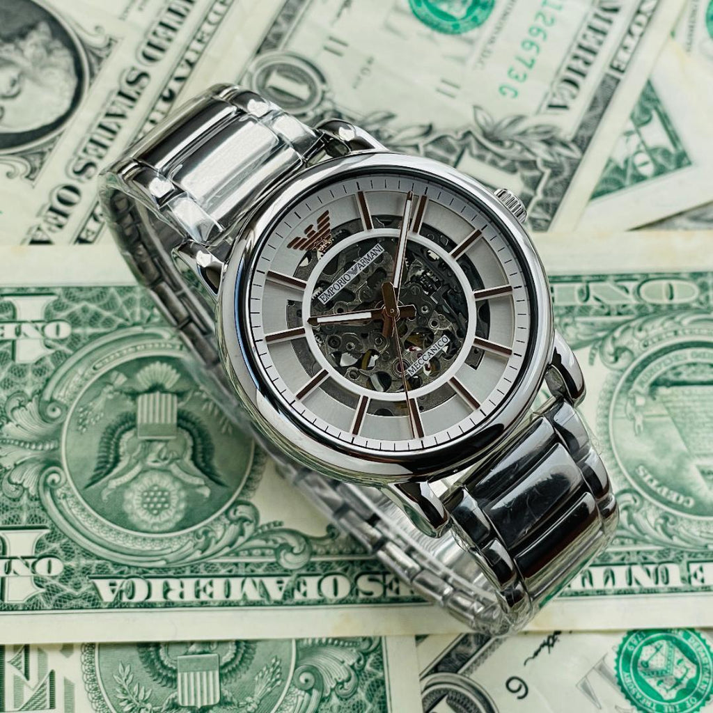 Emporio Armani Meccanico Skeleton Silver Dial Silver Steel Strap Watch For Men - AR1980