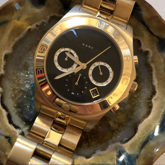 Marc Jacobs Blade Chronograph Black Dial Gold Steel Strap Watch for Women - MBM3309
