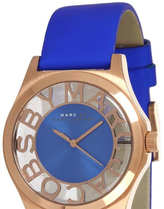 Marc Jacobs Henry Skeleton Blue Dial Blue Leather Strap Watch for Women - MBM1244