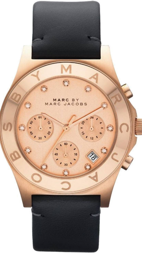 Marc Jacobs Blade Chronograph Rose Gold Dial Black Leather Strap Watch for Women - MBM1188
