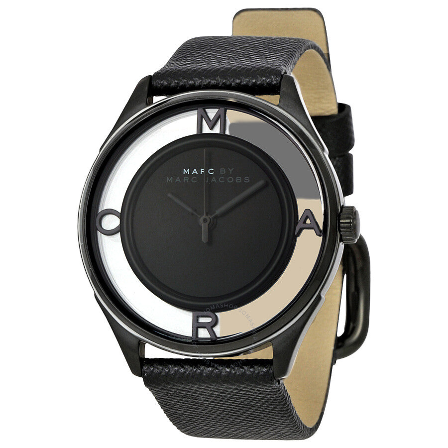 Marc Jacobs Tether Transparent Black Dial Black Leather Strap Watch for Women - MBM1379