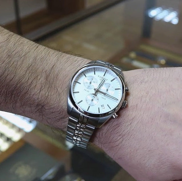 Tissot T Classic PR 100 Chronograph Silver Dial Silver Steel Strap Watch For Men - T101.417.11.031.00