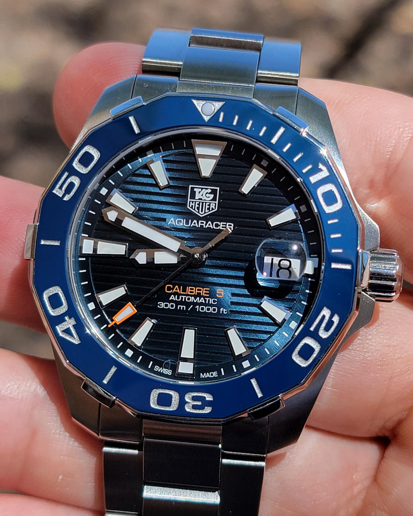 Tag Heuer Aquaracer Calibre 5 Blue Dial Silver Steel Strap Watch for Men - WAY211C.BA0928