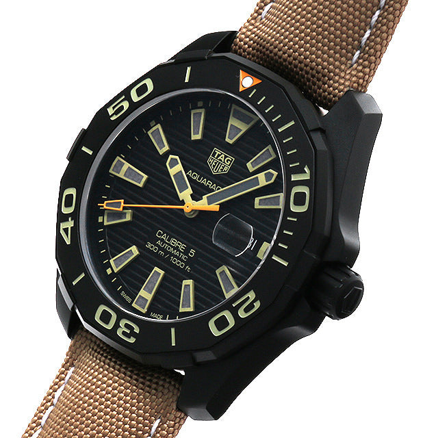 Tag Heuer Aquaracer 300 Calibre 5 Automatic Black Dial Brown Nylon Strap Watch for Men - WAY208C.FC6383