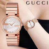 Gucci G Interlocking Mother of Pearl Dial Rose Gold Steel Strap Watch For Women - YA133515
