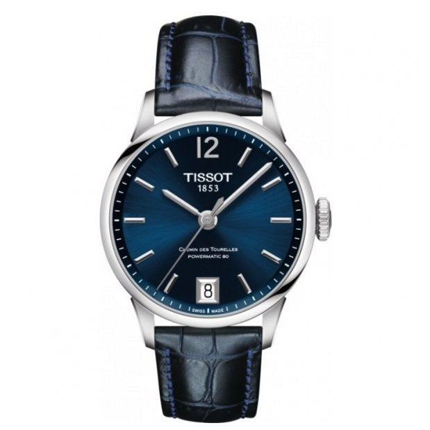 Tissot Chemin Des Tourelles Powermatic 80 Lady Blue Dial Blue Leather Strap Watch For Women - T099.207.16.047.00