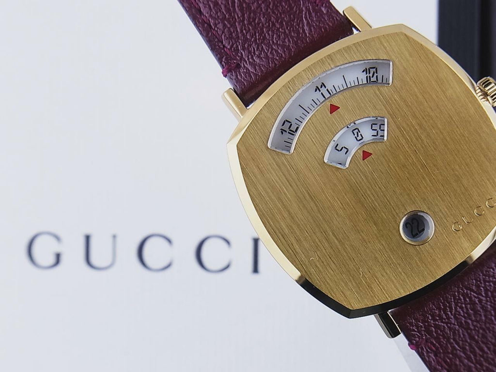 Gucci Grip Quartz Yellow Gold Dial Maroon Leather Strap Watch For Women - YA157405