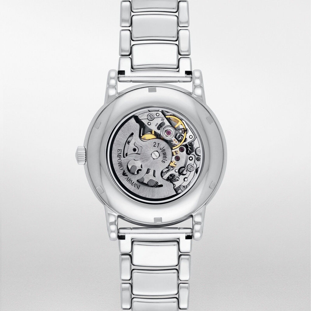 Emporio Armani Meccanico Skeleton Silver Dial Silver Steel Strap Watch For Men - AR1980