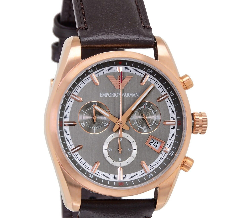 Emporio Armani Chronograph Gray Dial Brown Leather Strap Watch For Men - AR6043