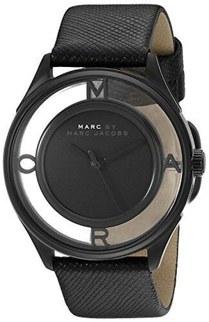 Marc Jacobs Tether Transparent Black Dial Black Leather Strap Watch for Women - MBM1379