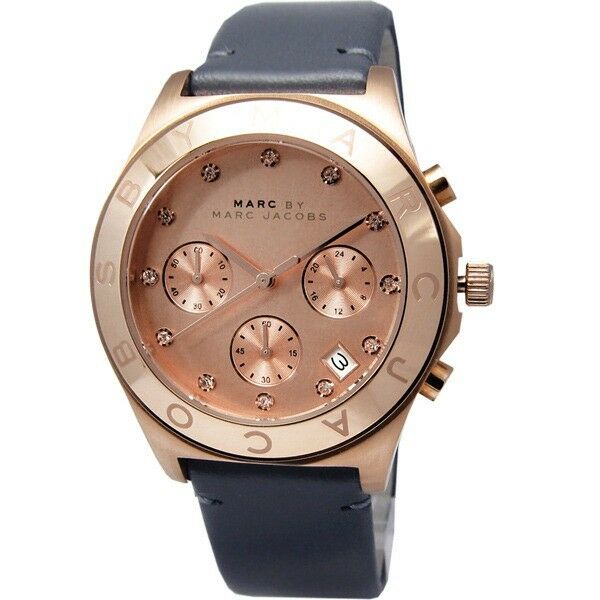 Marc Jacobs Blade Chronograph Rose Gold Dial Black Leather Strap Watch for Women - MBM1188