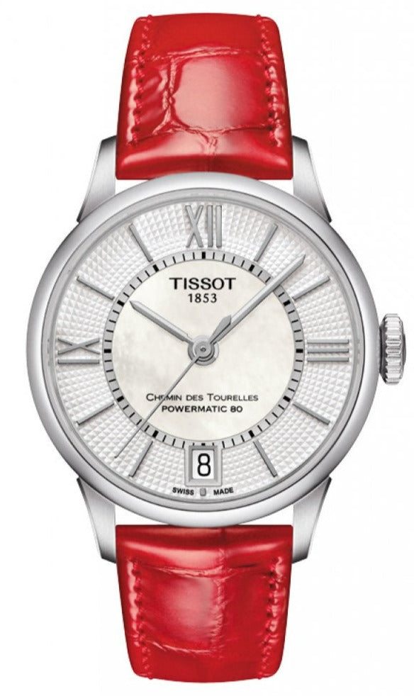 Tissot Chemin Des Tourelles Powermatic 80 Mother of Pearl White Dial Red Leather Strap Watch For Women - T099.207.16.118.00