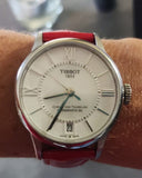 Tissot Chemin Des Tourelles Automatic Mother of Pearl White Dial Red Leather Strap Watch For Women - T099.207.16.118.00